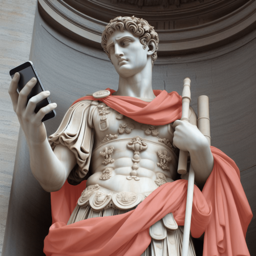 Picture of a roman soldier holding a mobile phone.