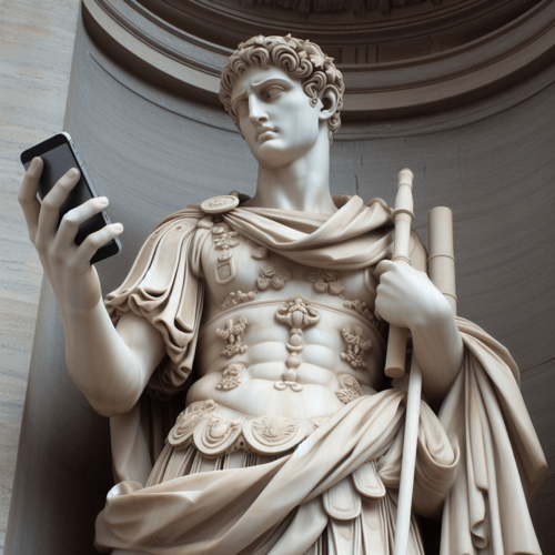 Picture of a roman soldier holding a mobile phone.