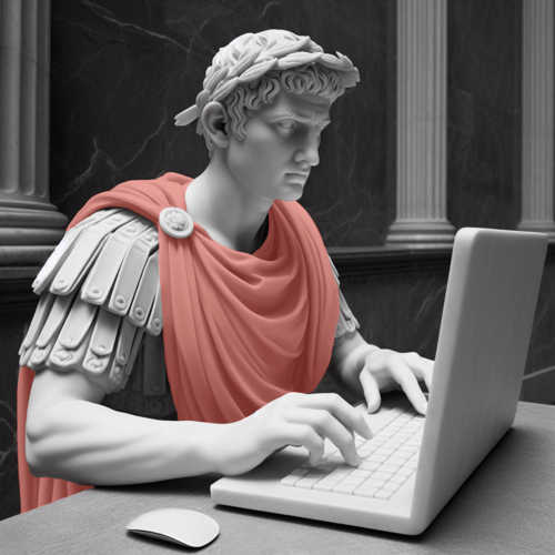 Picture of a roman soldier working on a laptop.